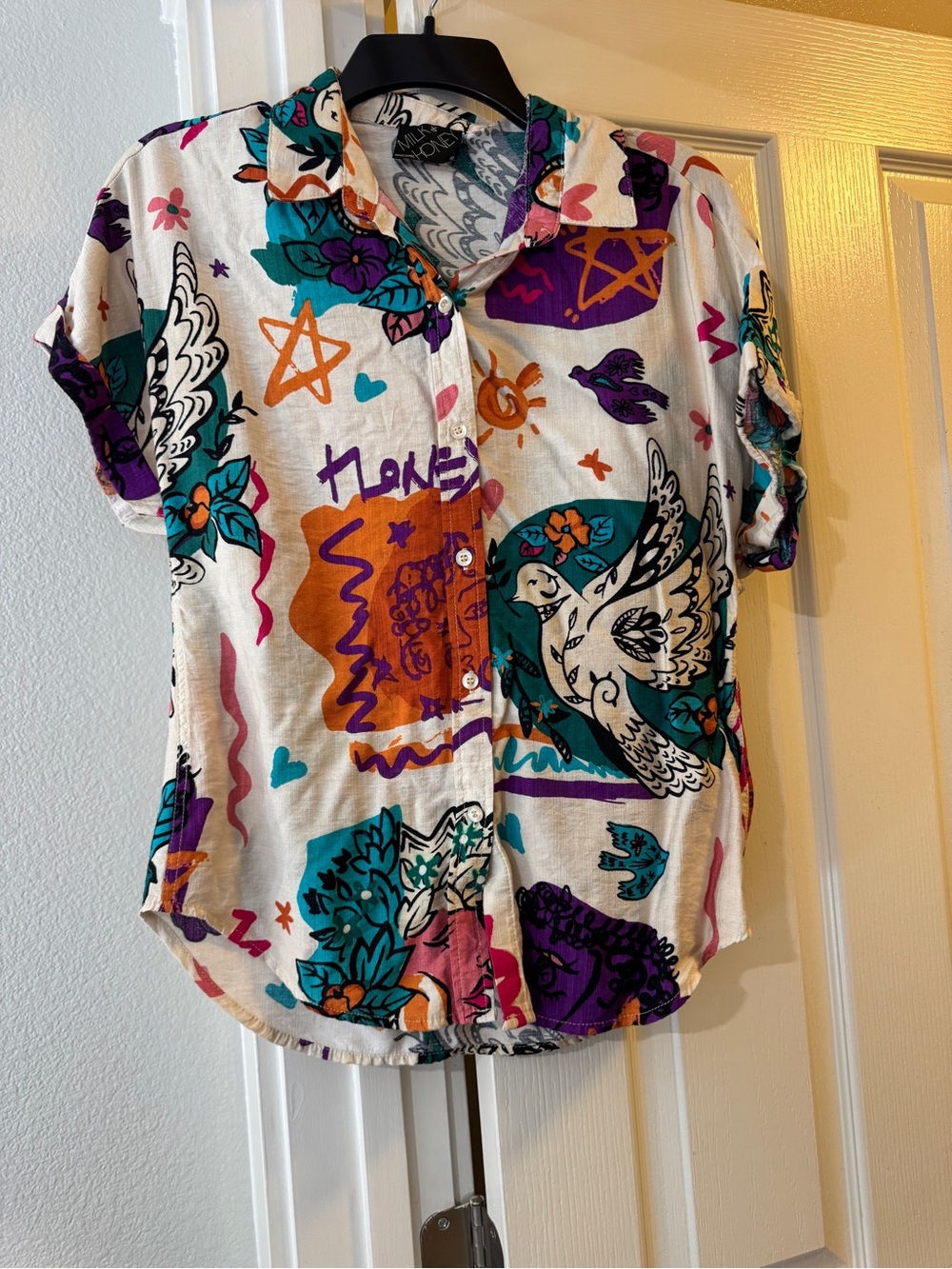 Graphic Short-Sleeve Button-Down Shirt - White with Teal, Purple & Orange
